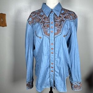 Scully Western Embroidered Snap Button Long Sleeve Blue Chambray Rodeo Top Sz XL